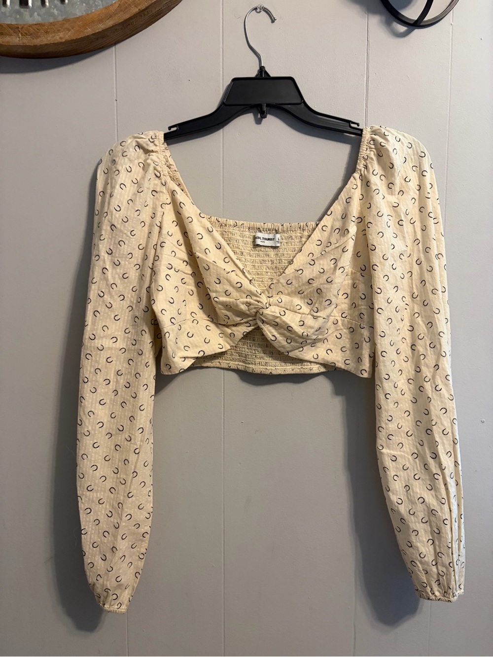 Twist-Front Cream Printed Long-Sleeve Crop Top